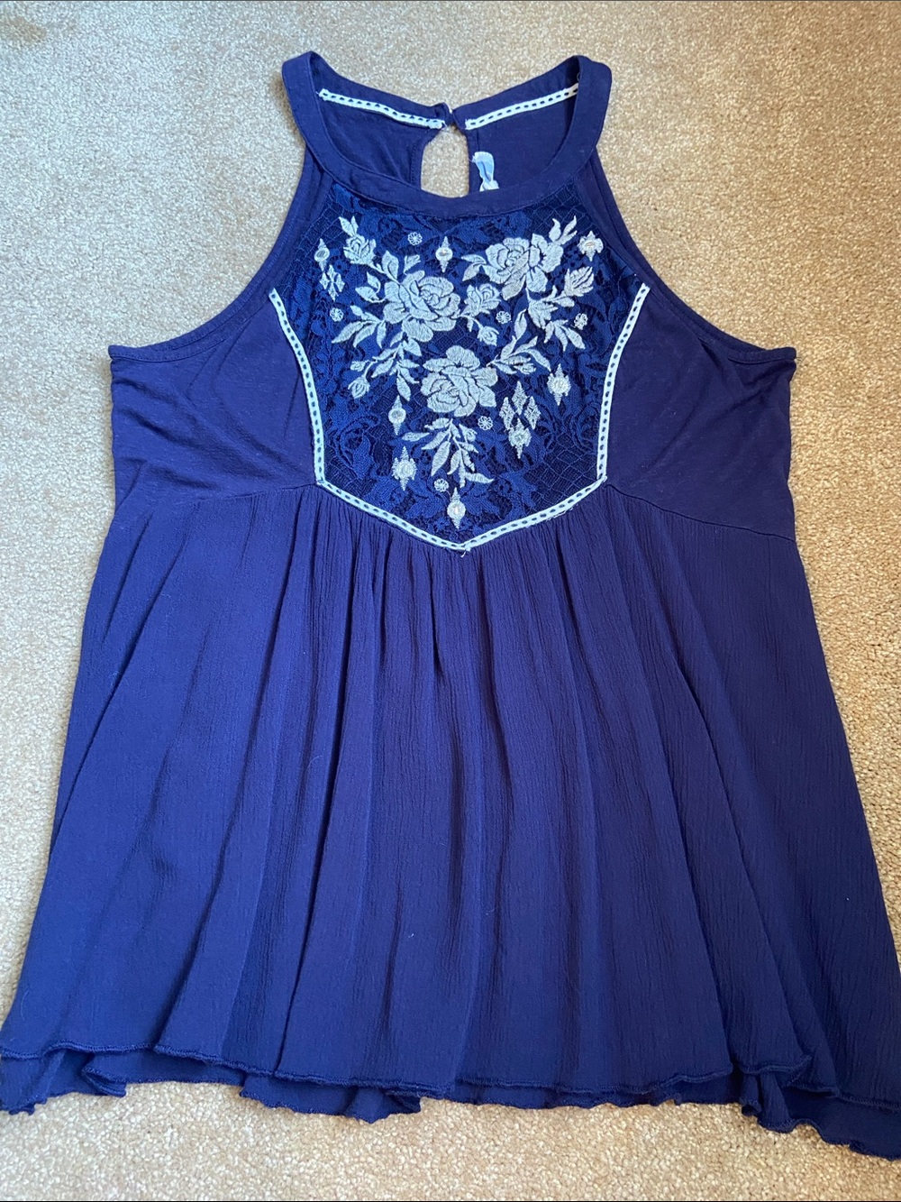 Jolt Navy Blue Sleeveless Embroidered Halter Camisole